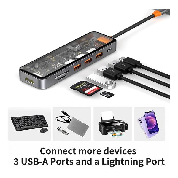 Хаб WiWU Cyber hub 7в1 USB3.0*3+SD/TF(3.0)+HDMI(4K30)+PD (CB007) Серый космос