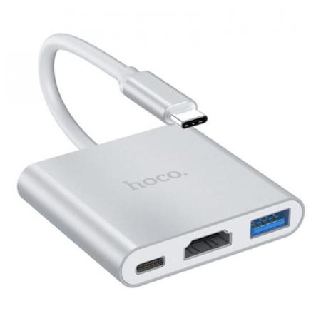 Хаб hoco. Easy use USB-C на USB3.0 + HDMI + PD (HB14) Серый