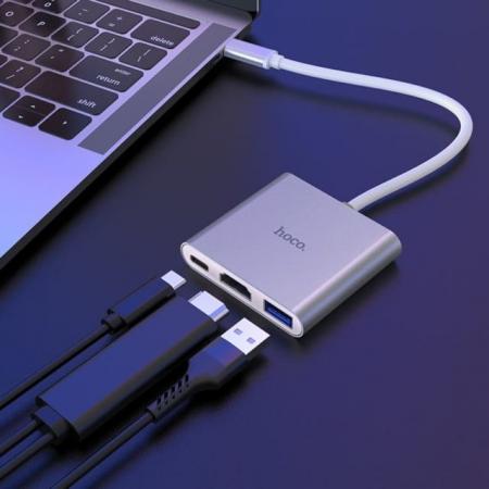 Хаб hoco. Easy use USB-C на USB3.0 + HDMI + PD (HB14) Серый