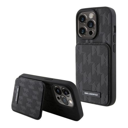 Чехол Karl Lagerfeld для iPhone 15 Pro Cardslot Stand PU Saffiano Monogram Plate logo Hard (KLHCP15LSAKLPSCK) Черный