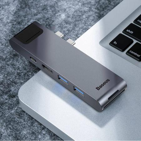 Переходник Baseus для MacBook HUB TB3 C+ (Dual Type-C to USB3.0/HDMI/Type-C/SD/Micro/LAN) (CAHUB-L0G) Deep Grey, темно-серый
